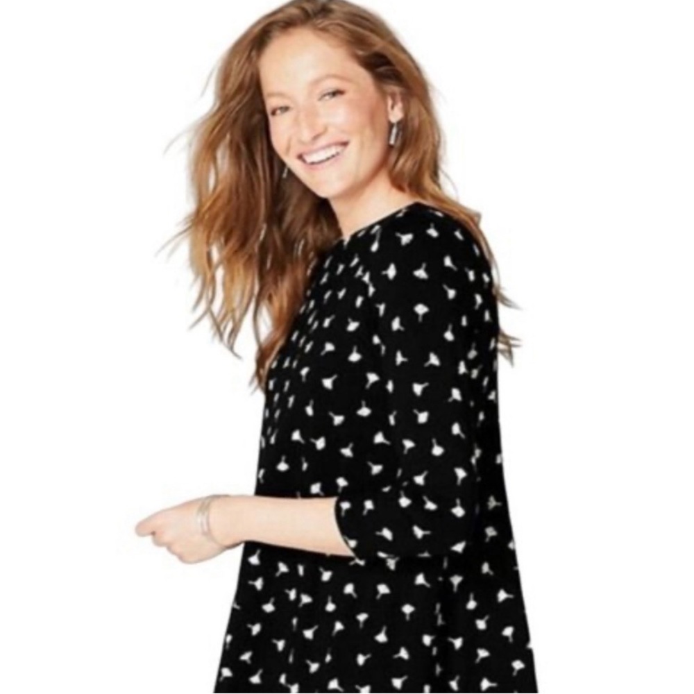 J. Jill Wearever Collection Black/Cream Gingko Leaf Print Tunic‎ Blouse Career S